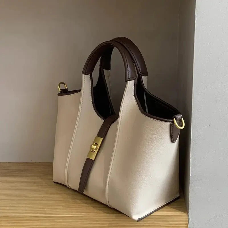 Women’s Canvas Bucket Bag with Leather Trim | Elegant Crossbody & Top Handle Tote Bag