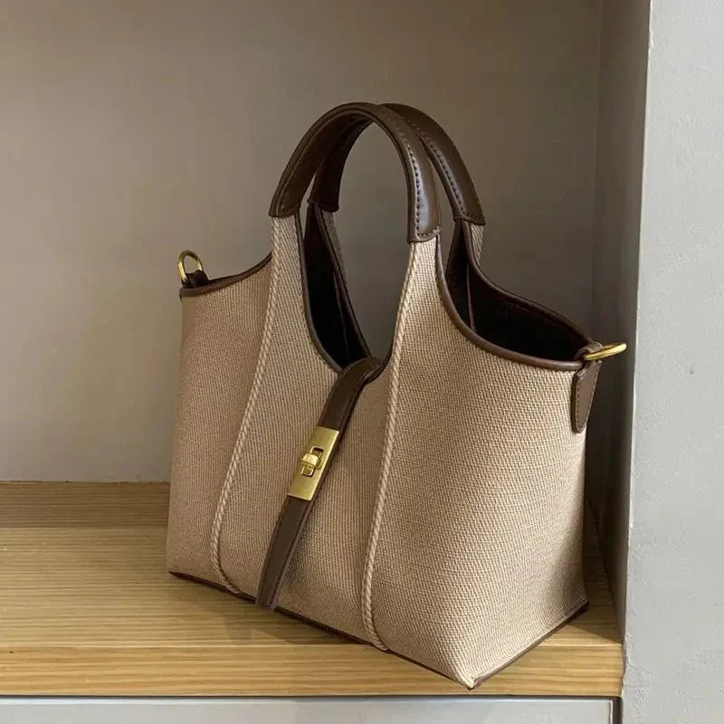 Women’s Canvas Bucket Bag with Leather Trim | Elegant Crossbody & Top Handle Tote Bag