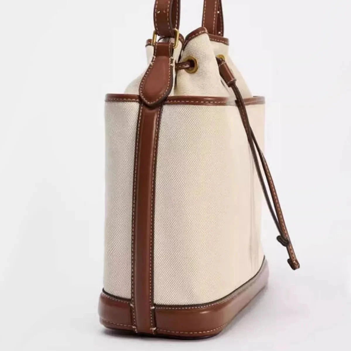 Denim Bucket Bag for Women – Drawstring Shoulder Handbag with Leather Trim