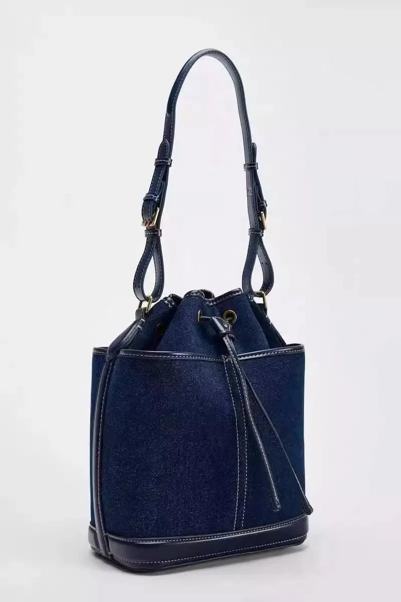Denim Bucket Bag for Women – Drawstring Shoulder Handbag with Leather Trim