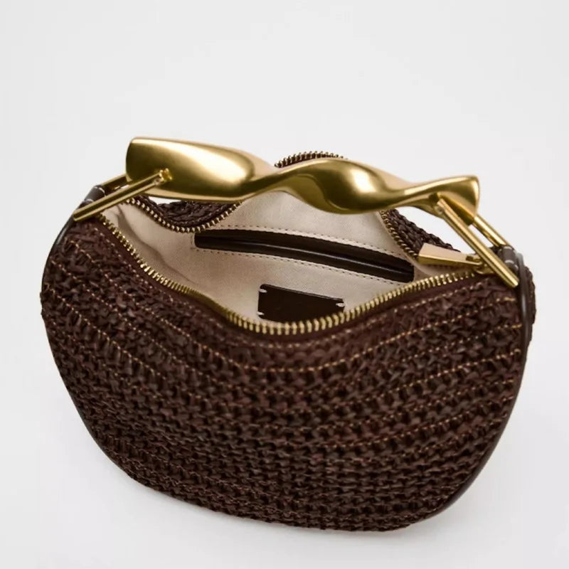 Woven Rattan Half-Moon Bag – Straw Purse with Metal Handle