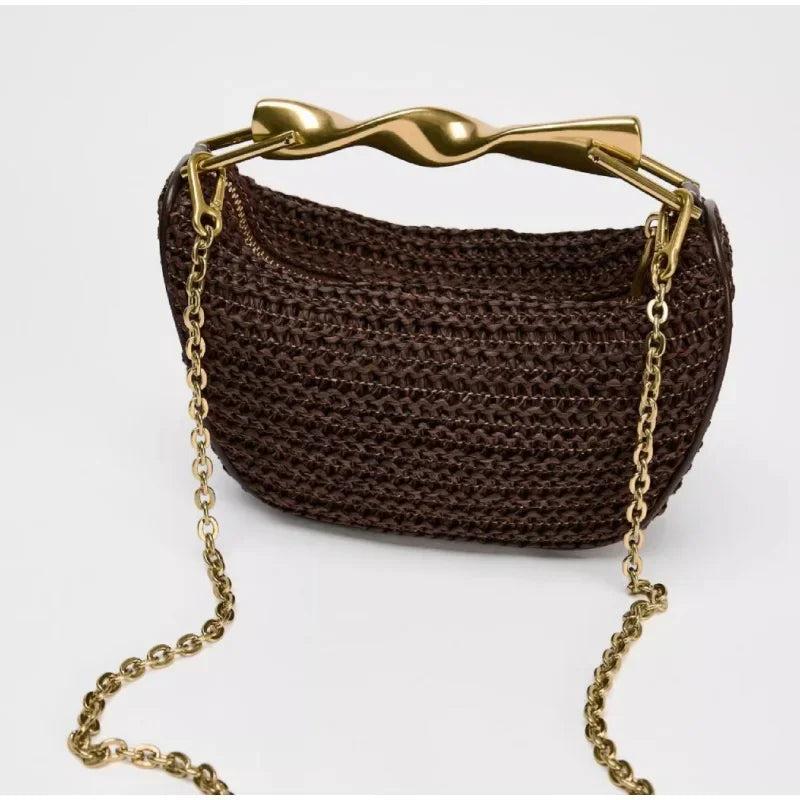Woven Rattan Half-Moon Bag – Straw Purse with Metal Handle