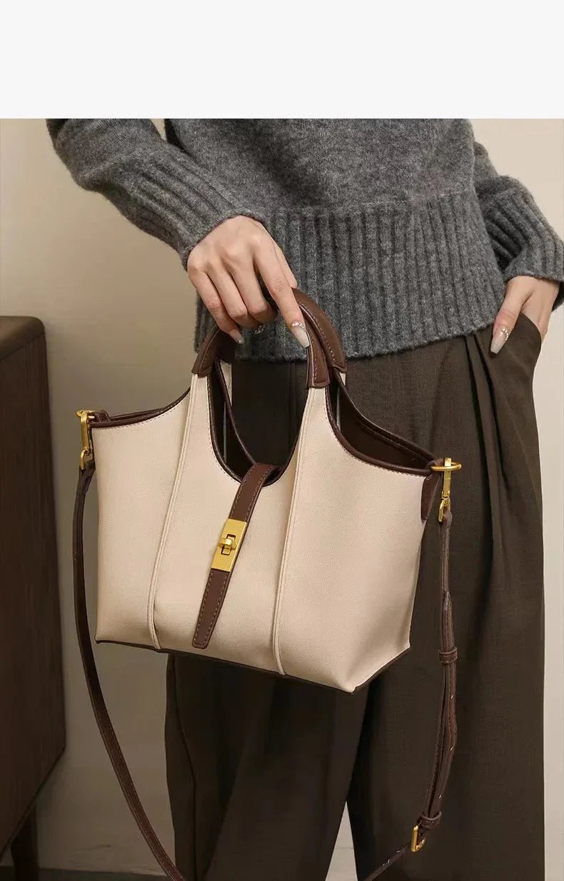 Women’s Canvas Bucket Bag with Leather Trim | Elegant Crossbody & Top Handle Tote Bag