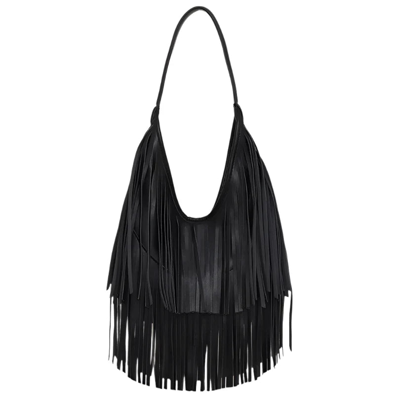 Long Fringe Shoulder Bag – Faux Leather Hobo Tote
