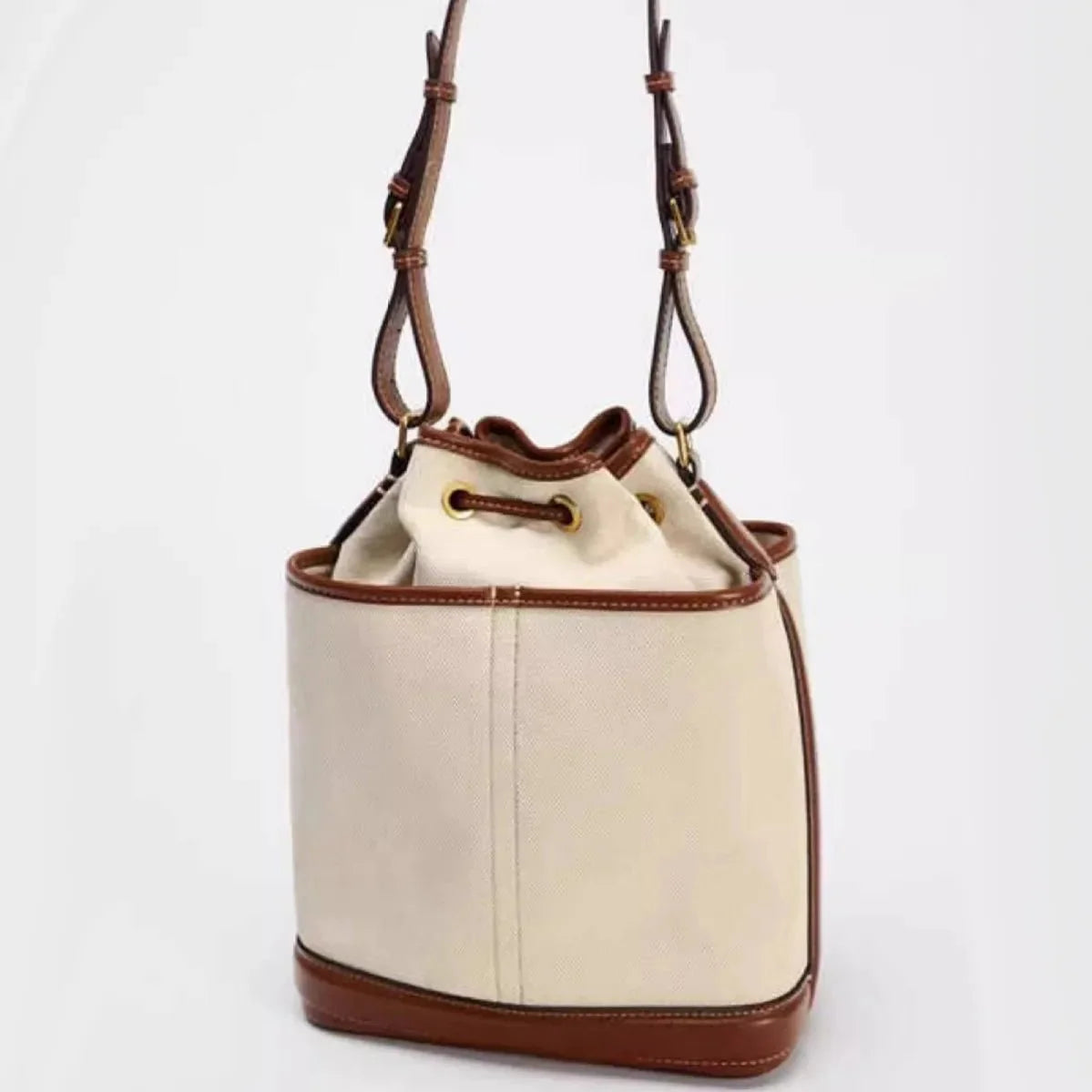 Denim Bucket Bag for Women – Drawstring Shoulder Handbag with Leather Trim