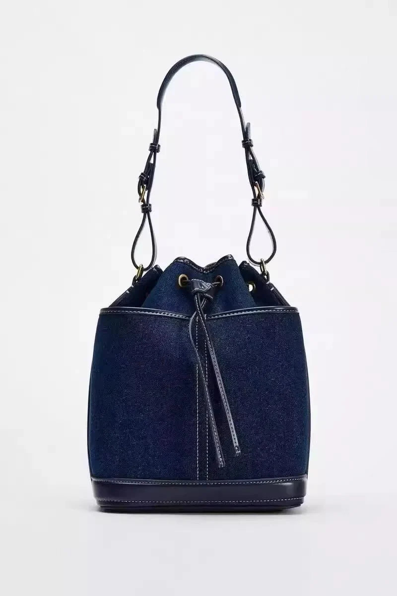 Denim Bucket Bag for Women – Drawstring Shoulder Handbag with Leather Trim