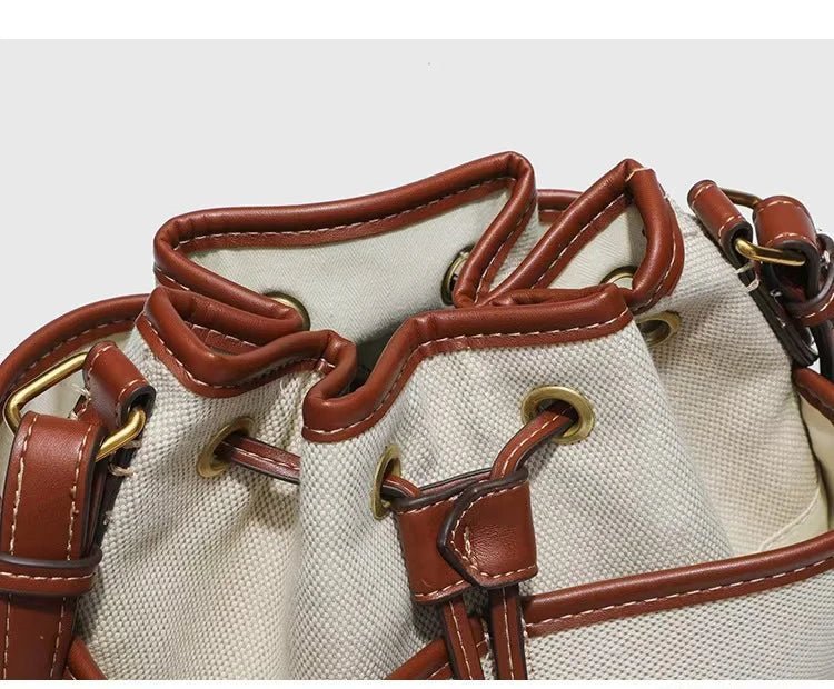 Denim Bucket Bag for Women – Drawstring Shoulder Handbag with Leather Trim