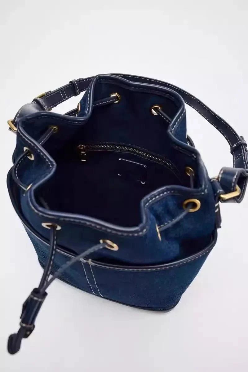 Denim Bucket Bag for Women – Drawstring Shoulder Handbag with Leather Trim