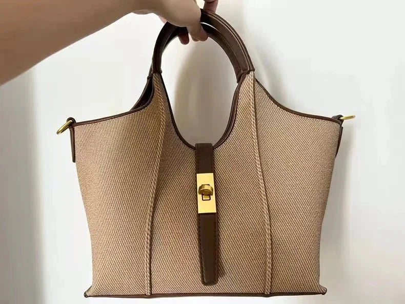 Women’s Canvas Bucket Bag with Leather Trim | Elegant Crossbody & Top Handle Tote Bag