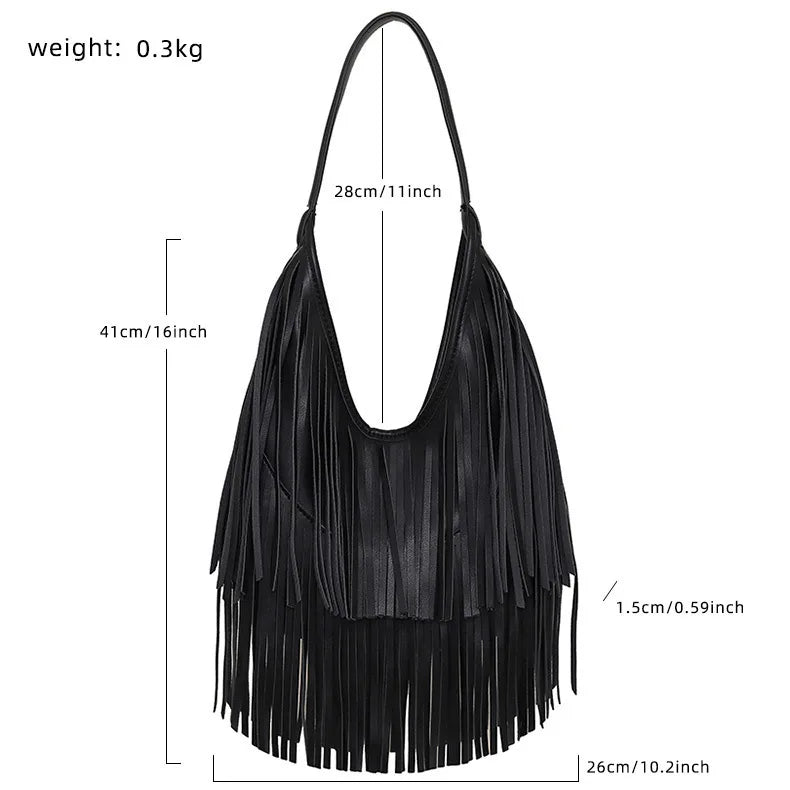 Long Fringe Shoulder Bag – Faux Leather Hobo Tote