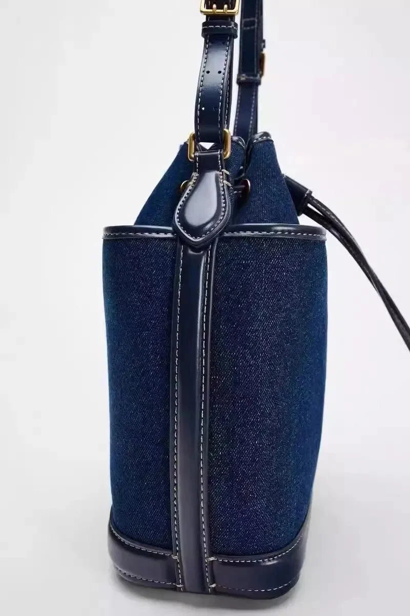 Denim Bucket Bag for Women – Drawstring Shoulder Handbag with Leather Trim