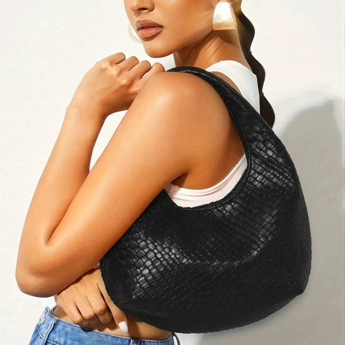 Woven Vegan Leather Hobo Bag – Soft Slouchy Shoulder Purse with Zipper Closure