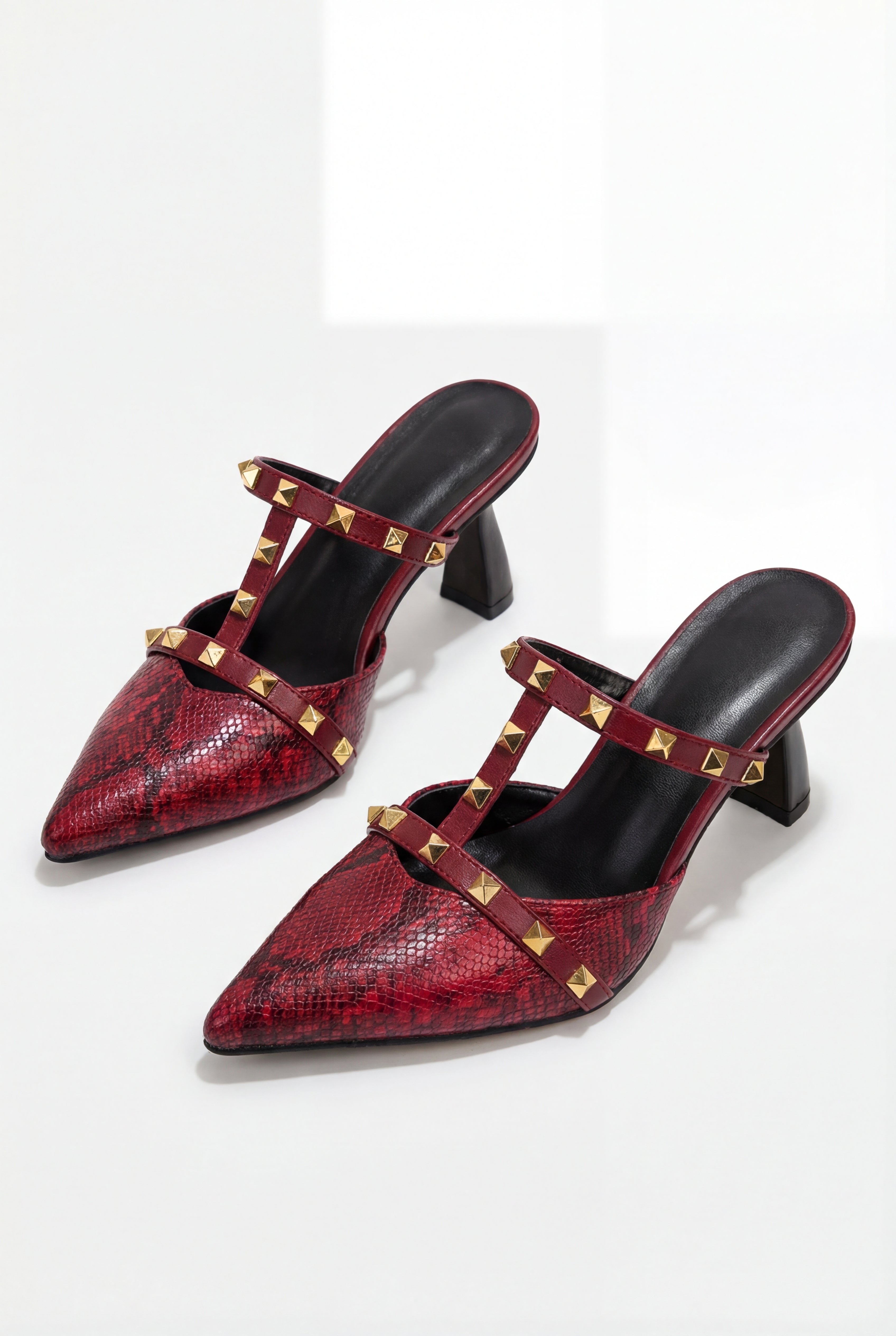 Burgundy metal rivet thin strap high heels mules