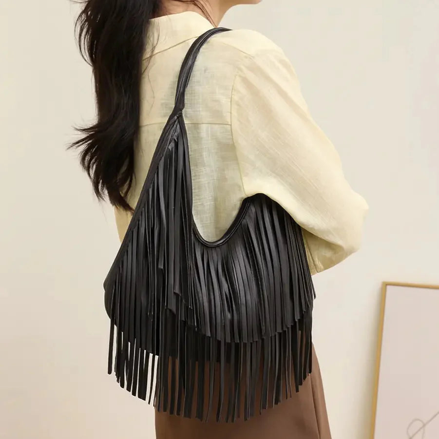 Long Fringe Shoulder Bag – Faux Leather Hobo Tote